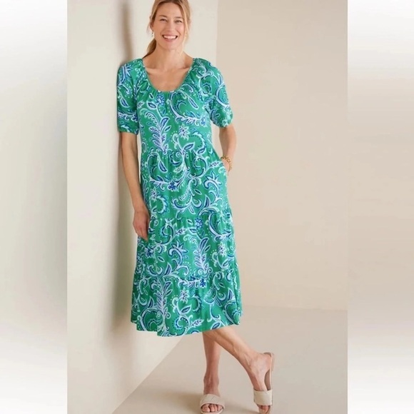 Soft Surroundings | Women's Boho Floral Ilana Midi Dress Size Medium Blue Green - Picture 1 of 8